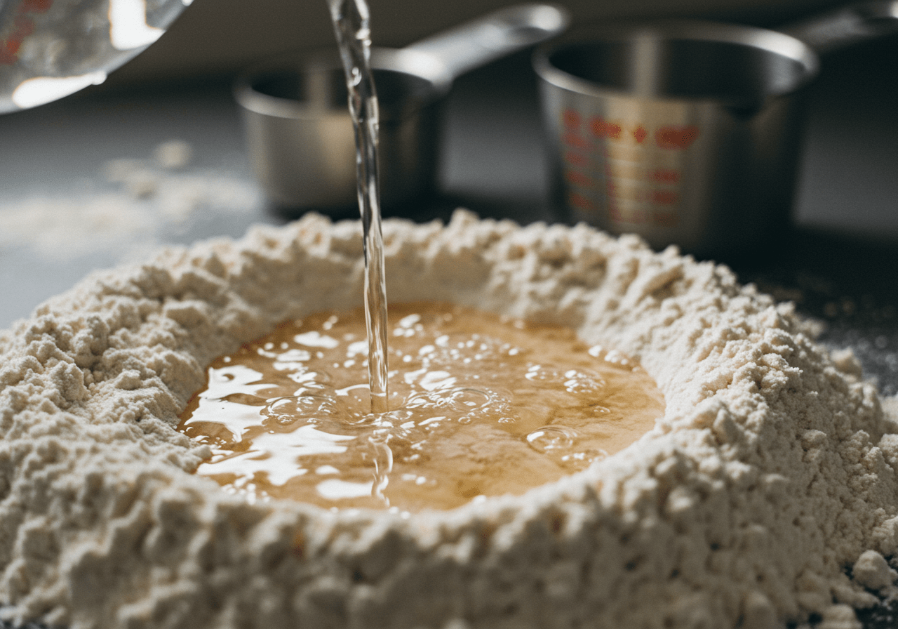 Água sendo adicionada à mistura de farinha para a focaccia com longa fermentação.