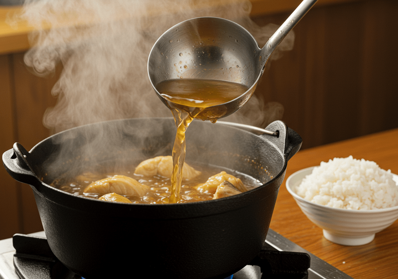 Adicionando caldo de peixe ao Arroz de Lampreia Tradicional para intensificar o sabor.