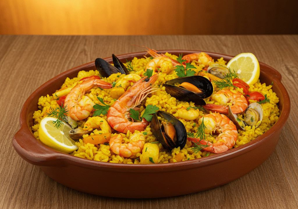 Delicious Arroz de Marisco à Moda de Faro Fresco, beautifully plated with seafood and garnishes.