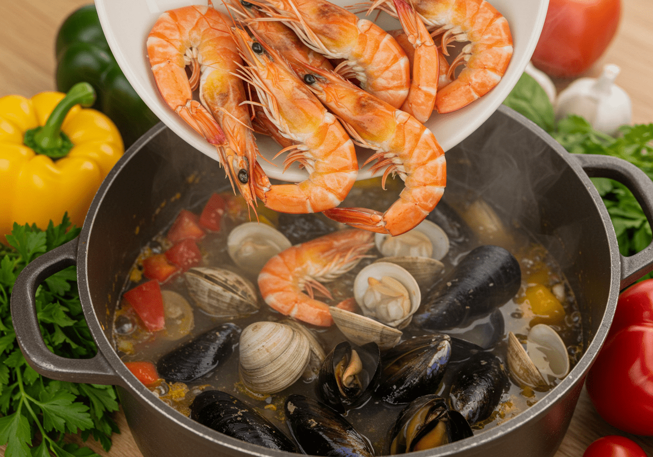 Various seafood added to the pot for making Arroz de Marisco à Moda de Faro Fresco.