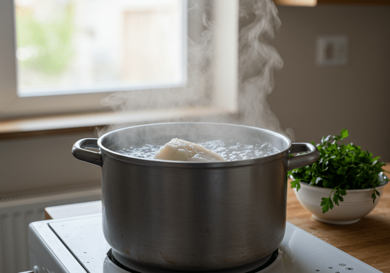 Boiling codfish in water as part of Bacalhau à Moda de Braga Saboroso preparation.