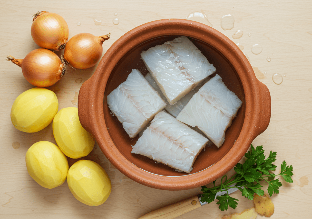 Bacalhau (cod) soaking in water, a key step in preparing Bacalhau à Moda de Lisboa Clássico.
