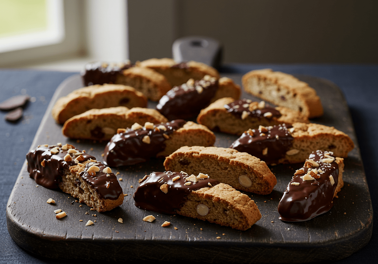 Biscotti de chocolate e amêndoas acabado de assar, decorado com chocolate derretido e amêndoas.