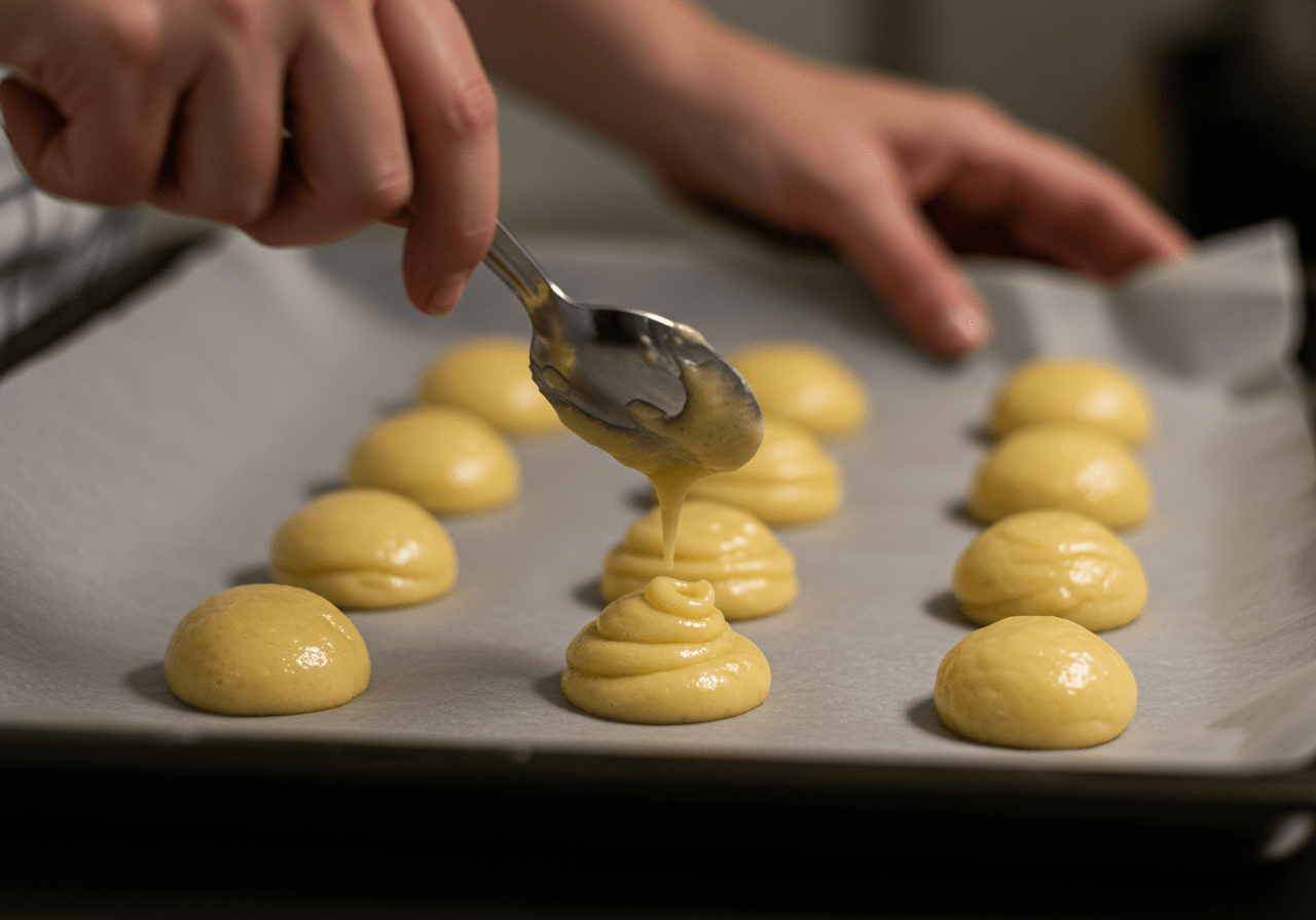 Scooping batter to form Bolinhos de farelo de aveia e melado on a baking tray.