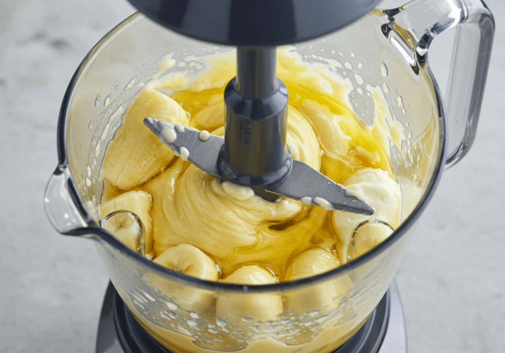 Mistura de bananas, óleo e ovos sendo batidos no liquidificador para o Bolo beija-flor.