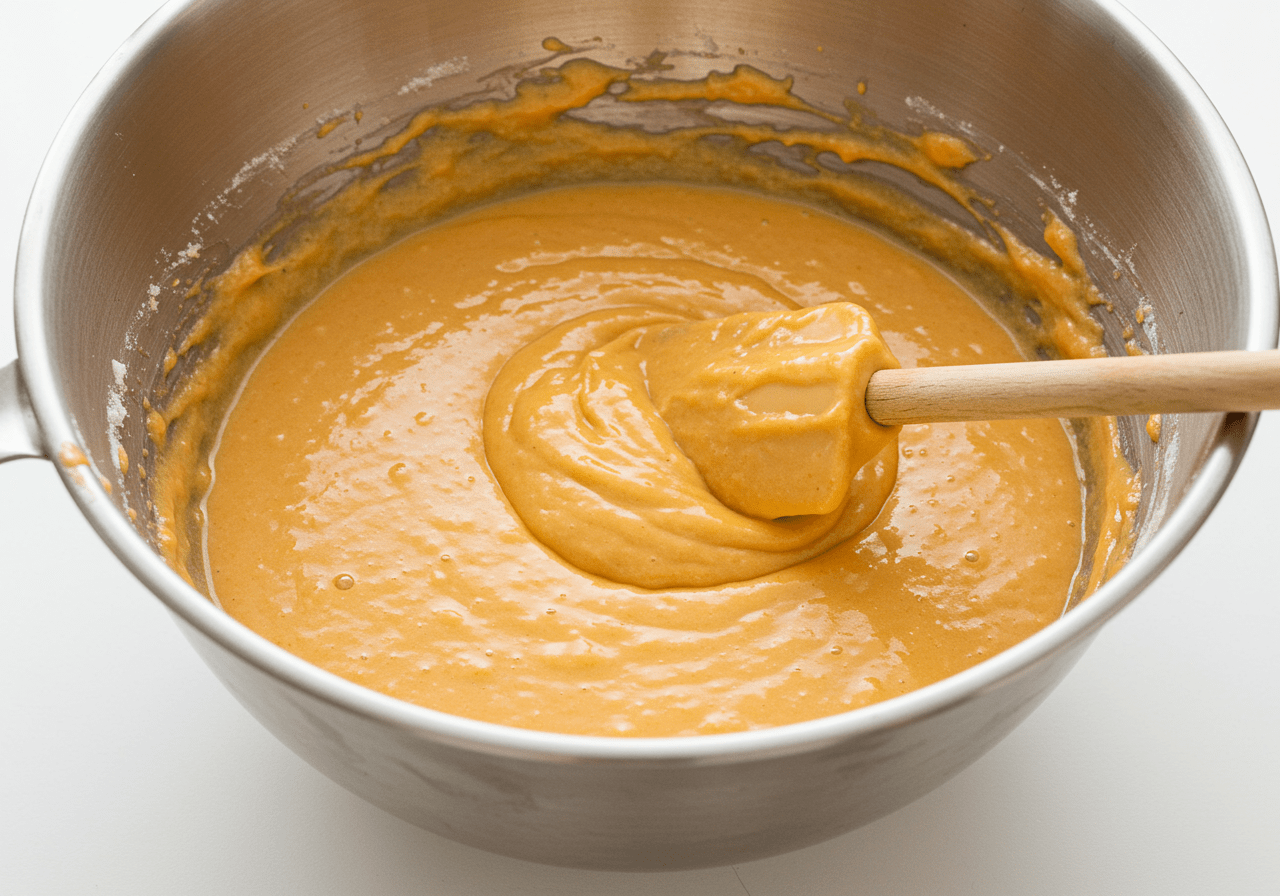 Massa de Bolo de Laranja Suculento misturada e pronta para assar.