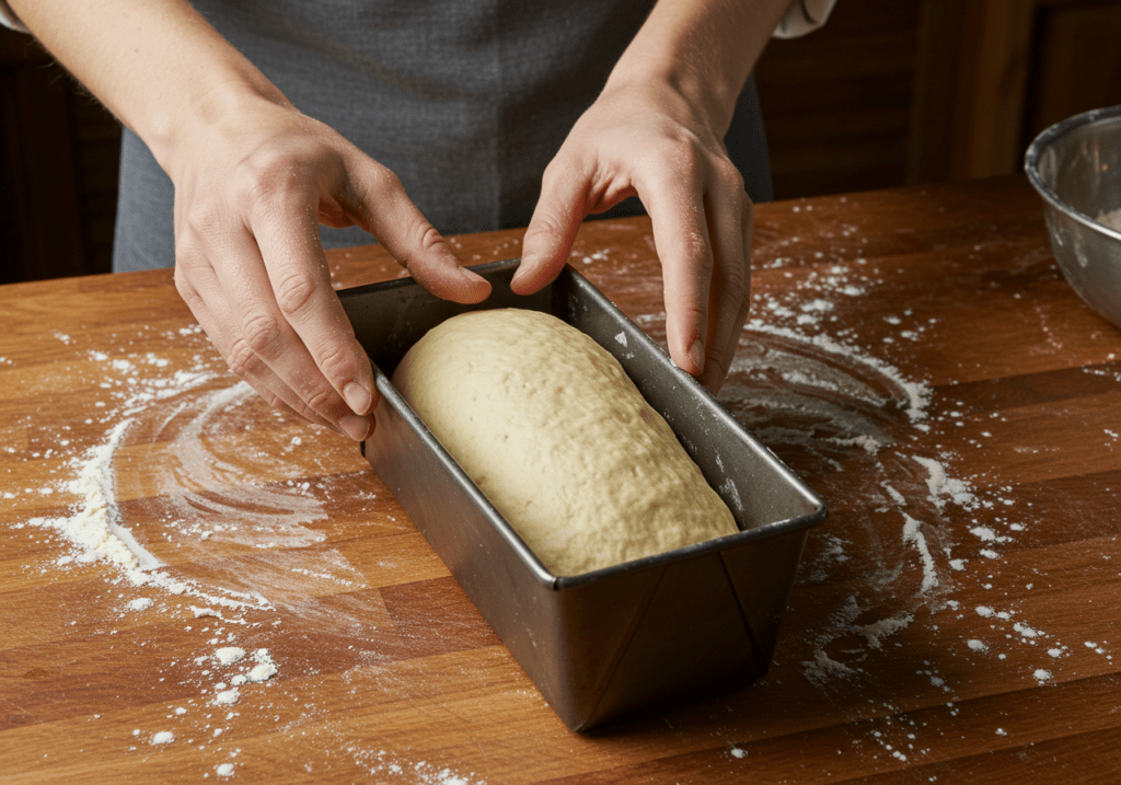 Massa de Brioche de iogurte sendo moldada e colocada na forma para assar.