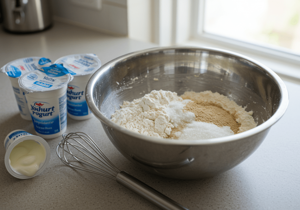 Ingredients for brioche de iogurte: flour, sugar, yeast, and yogurt prepared for mixing.