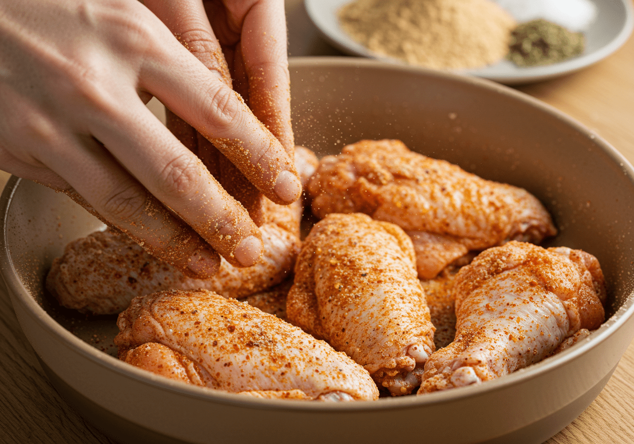 Coxinhas da asa sendo empanadas com uma mistura de farinha e temperos para a receita de molho tâmaras.