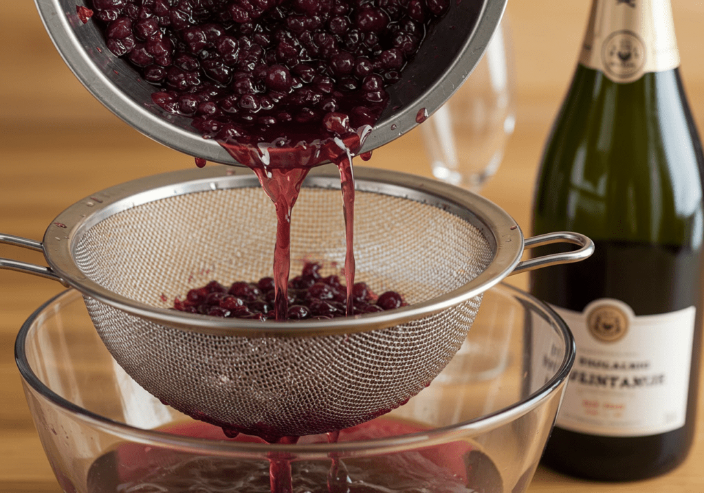 Suco de uva sendo coado para o drink com espumante.