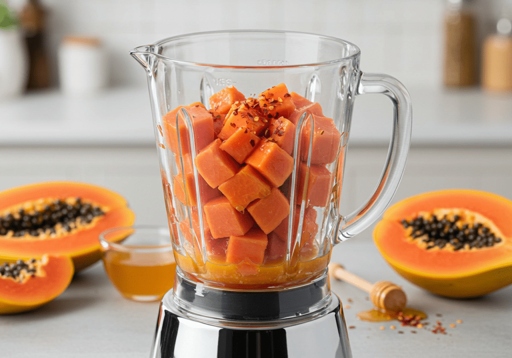 Ingredientes frescos para fazer Frozen iogurte de mamão - Mel e Pimenta, incluindo mamão, mel e pimenta.