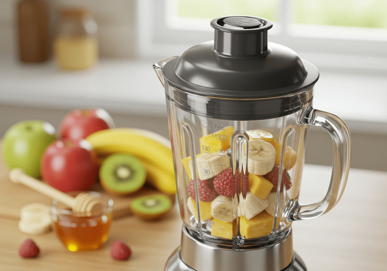 Mistura de mamão, mel e pimenta sendo preparada para fazer Frozen iogurte.