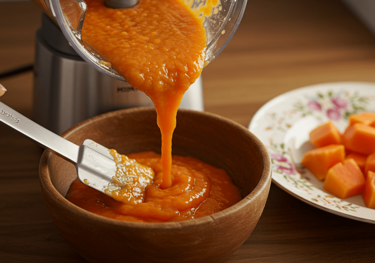 Mistura suave de mamão sendo despejada em uma tigela para Frozen iogurte.