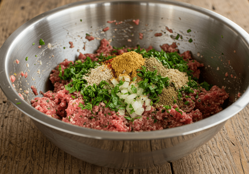 Mistura de carne moída com salsa, cebola e especiarias para receita de Kafta.
