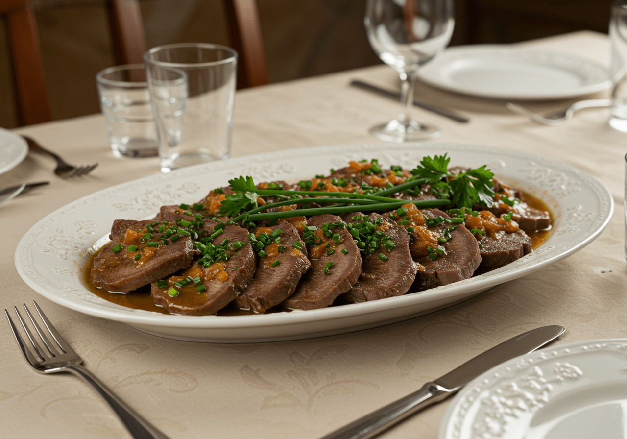 Prato final de Língua de boi com ervilha, ideal para refeições tradicionais.