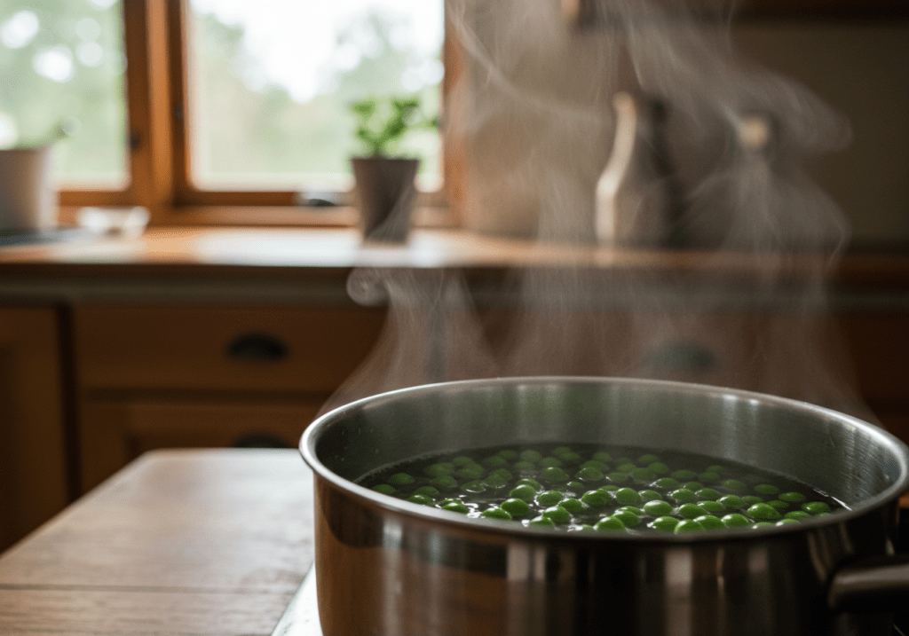 Ervilhas frescas sendo cozidas em água fervente para Língua de boi com ervilha.