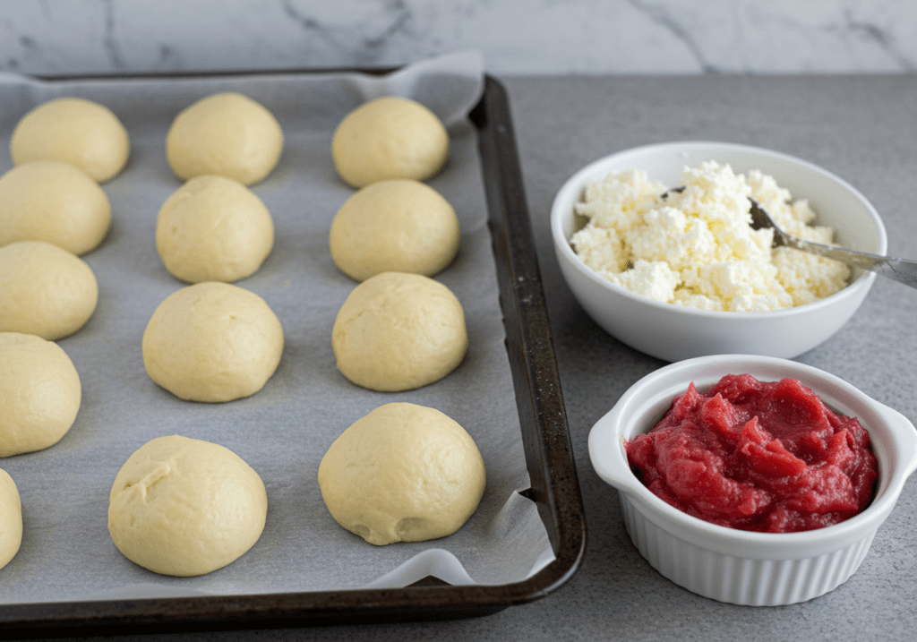 Bolinhas de massa de pãezinho de iogurte preparadas para serem recheadas com queijo e goiabada.