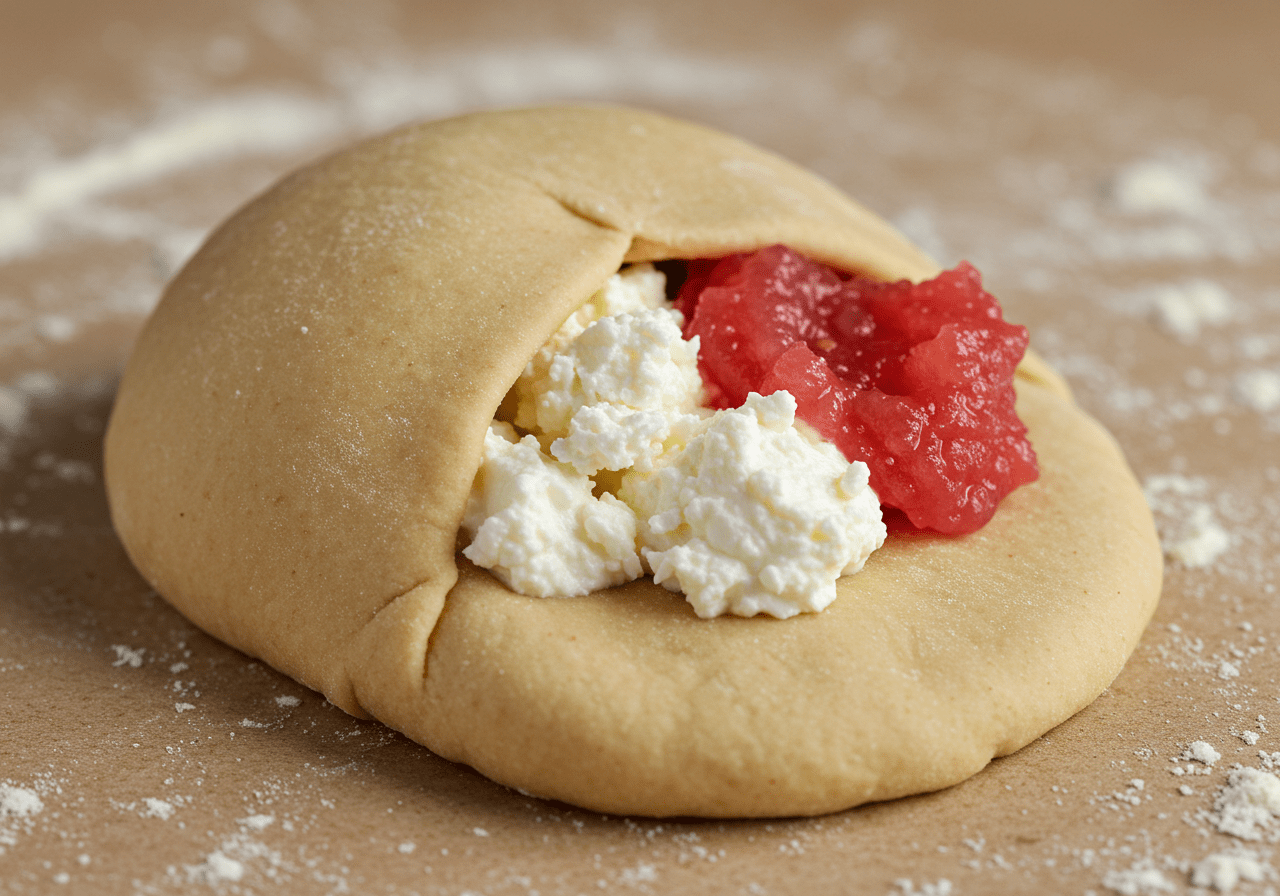 Recheio de queijo e goiabada sendo adicionado a bolinhas de massa para pãezinho de iogurte.