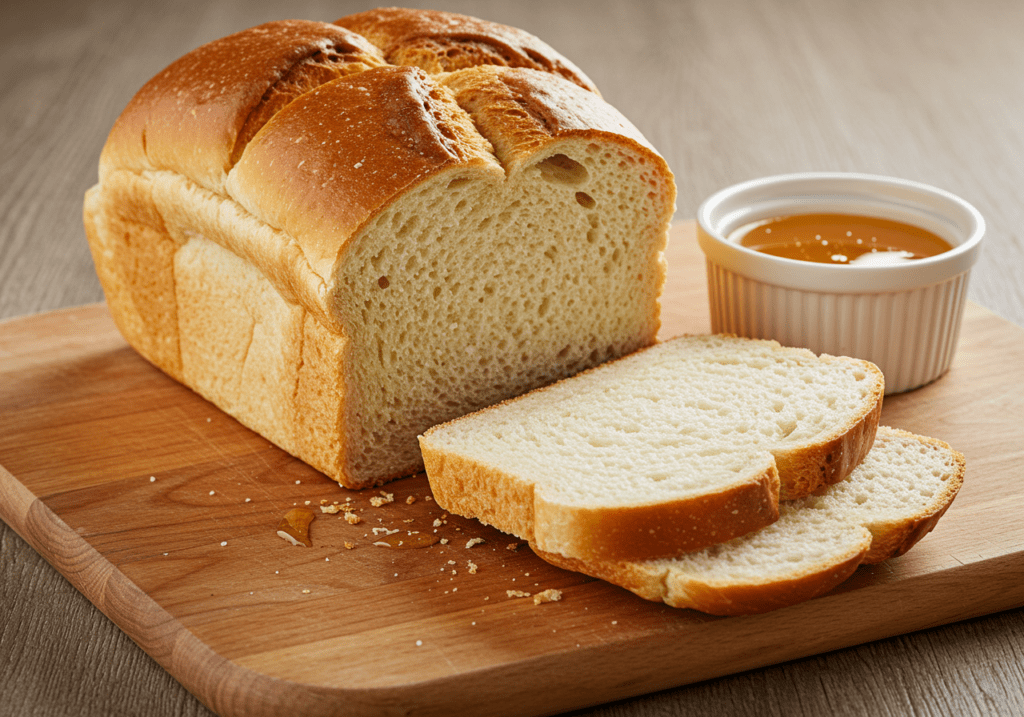 Pão caseiro fácil e fofinho com mel, pronto para ser servido.