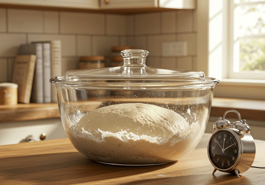 Massa de pão caseiro descansando para crescer em uma tigela coberta.