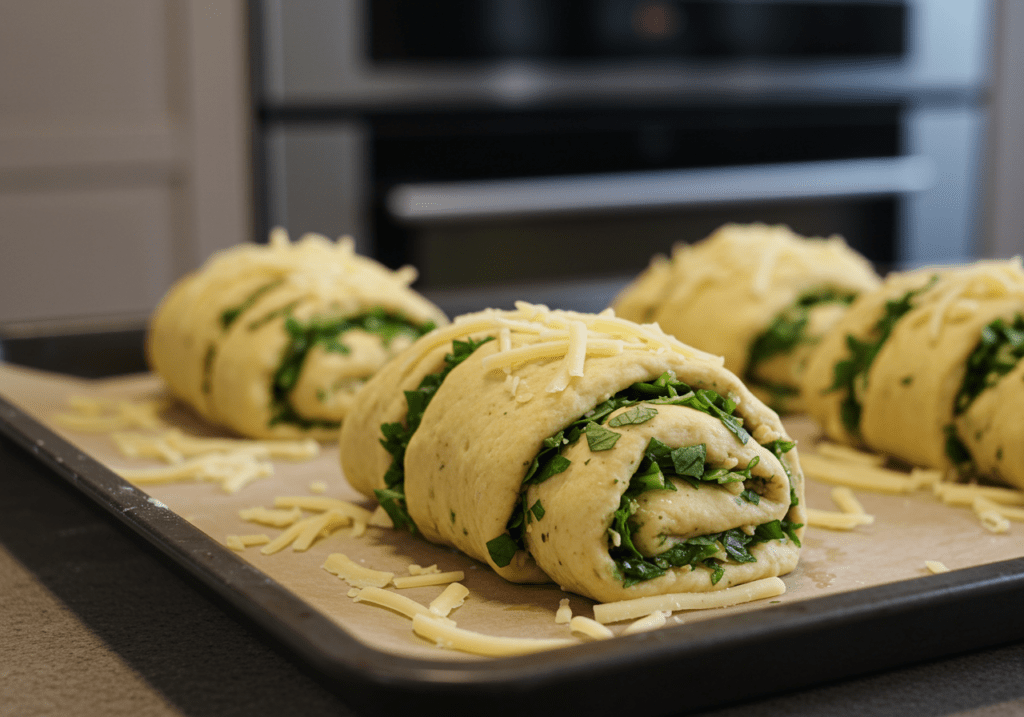 Pão recheado com queijo e ervas pronto para ir ao forno.
