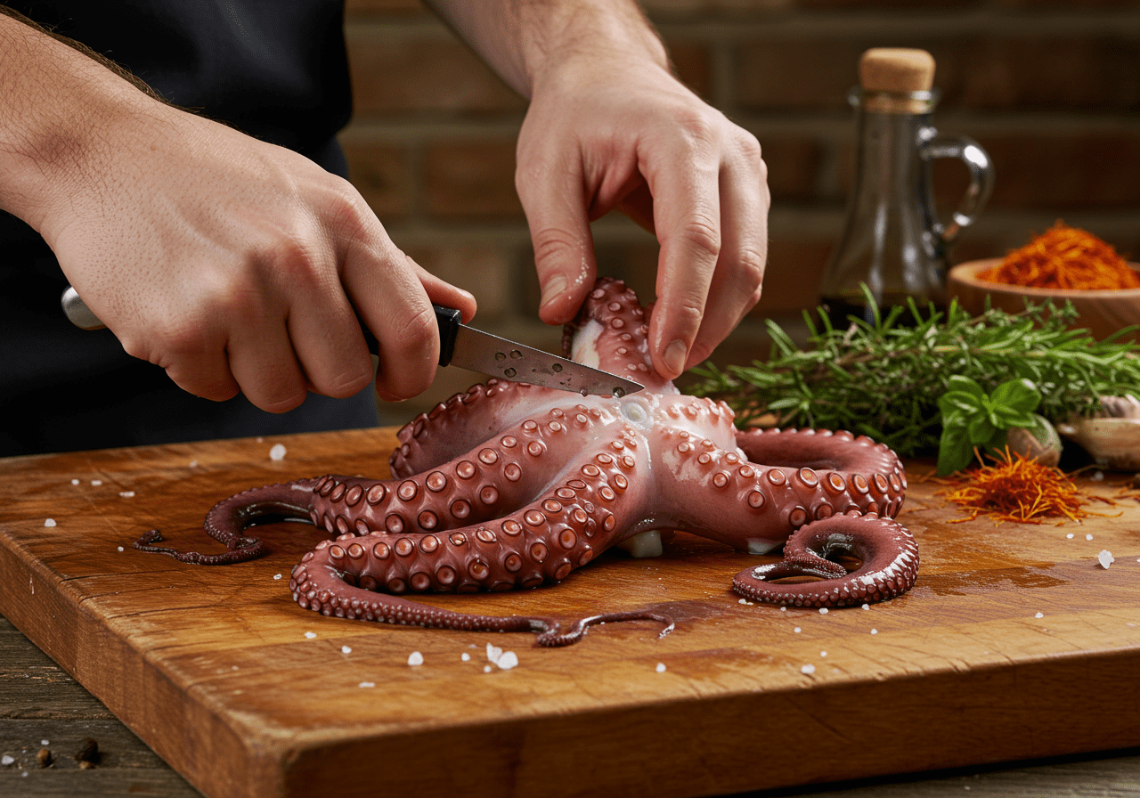 Preparação do polvo fresco na cozinha para Polvo à Lagareiro Saboroso.