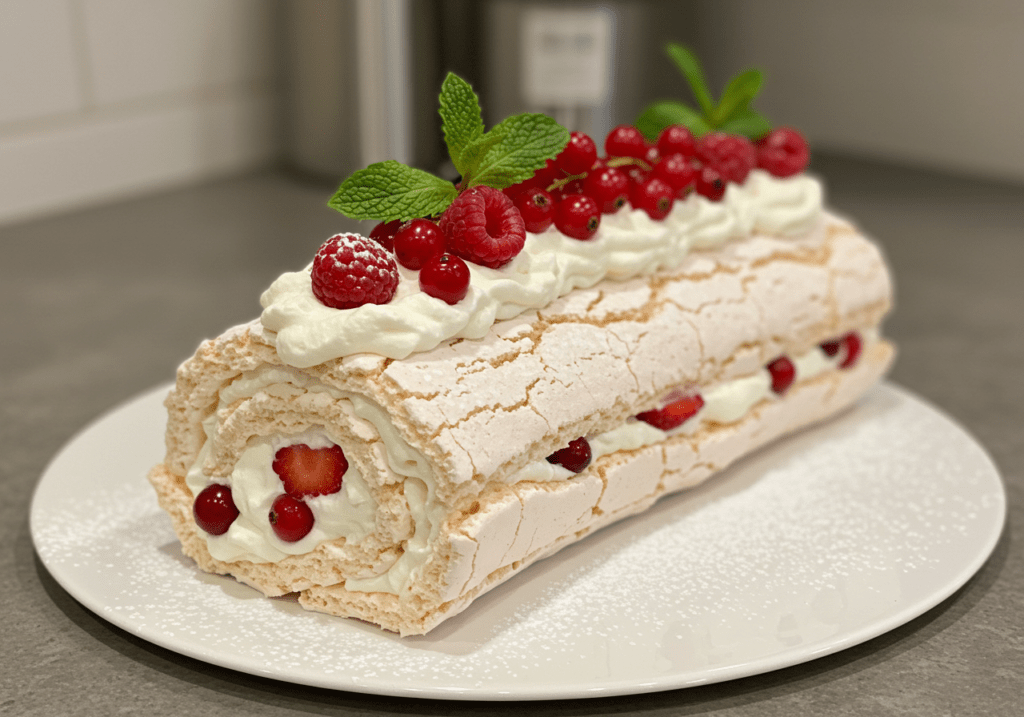 Rocambole de Pavlova finalizado, recheado com chantilly e frutas vermelhas, decorado com açĂșcar de confeiteiro e folhas de hortelĂŁ.
