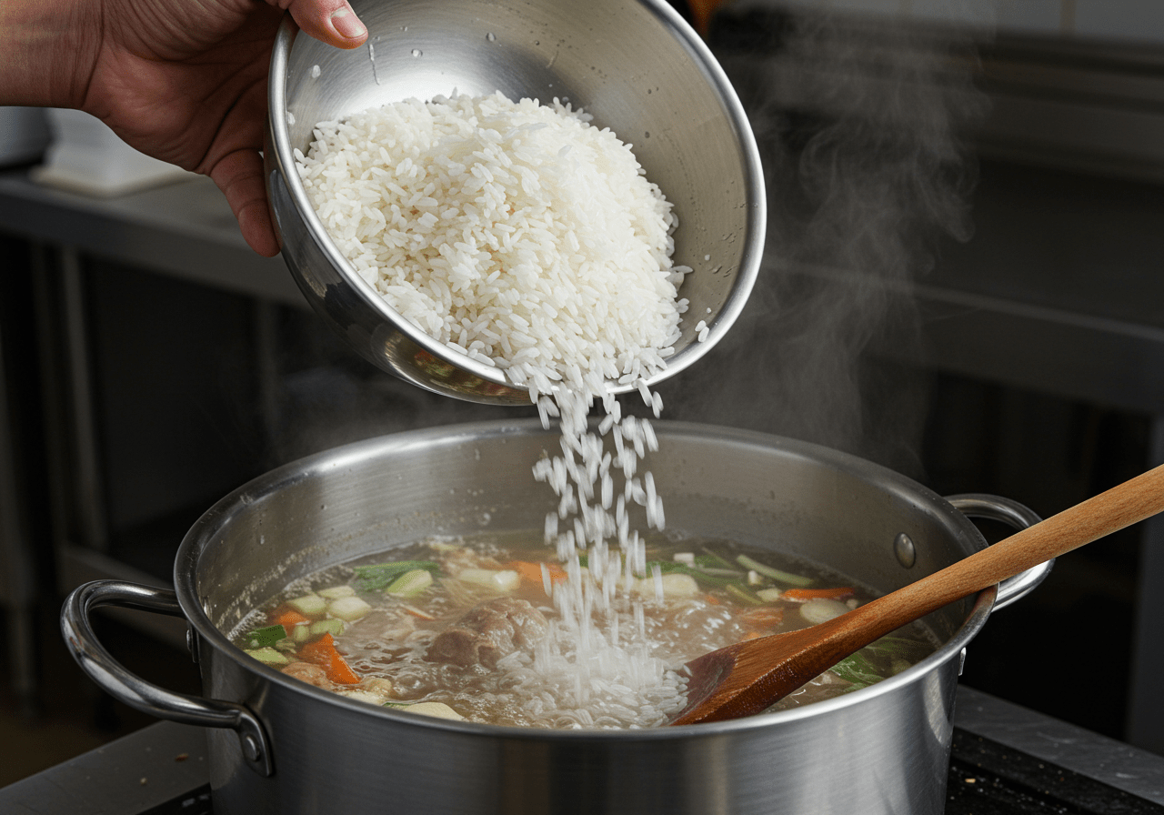 Rice being added to the Nutritive Vegetable Soup for extra texture and nutrition.
