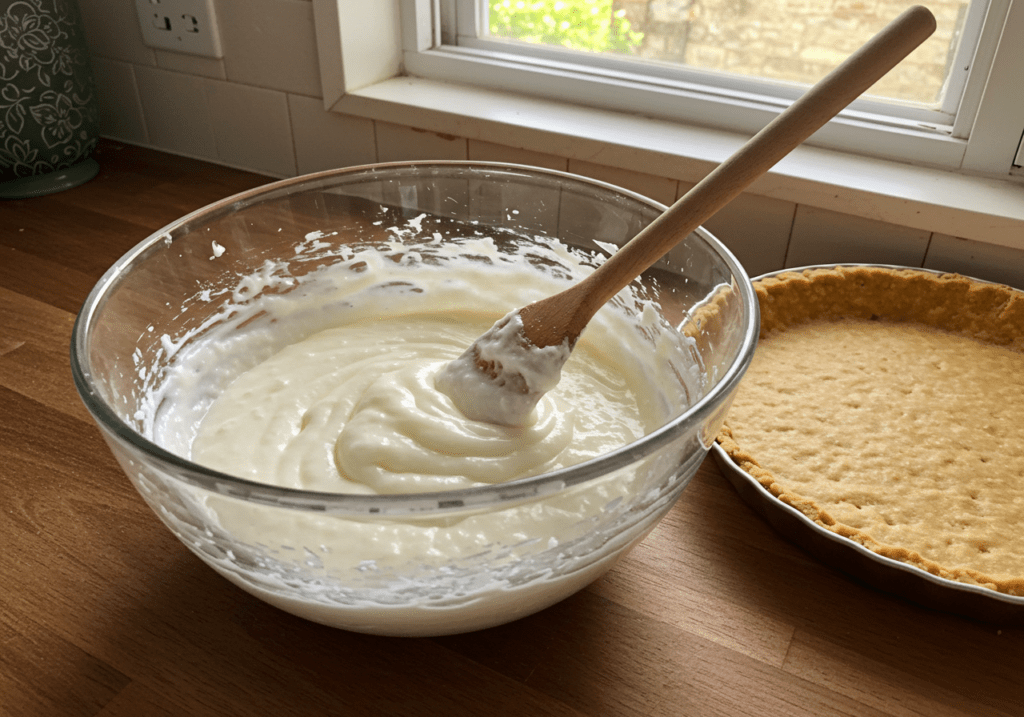 Mistura de coco sendo mexida para a torta de coco fácil e deliciosa.