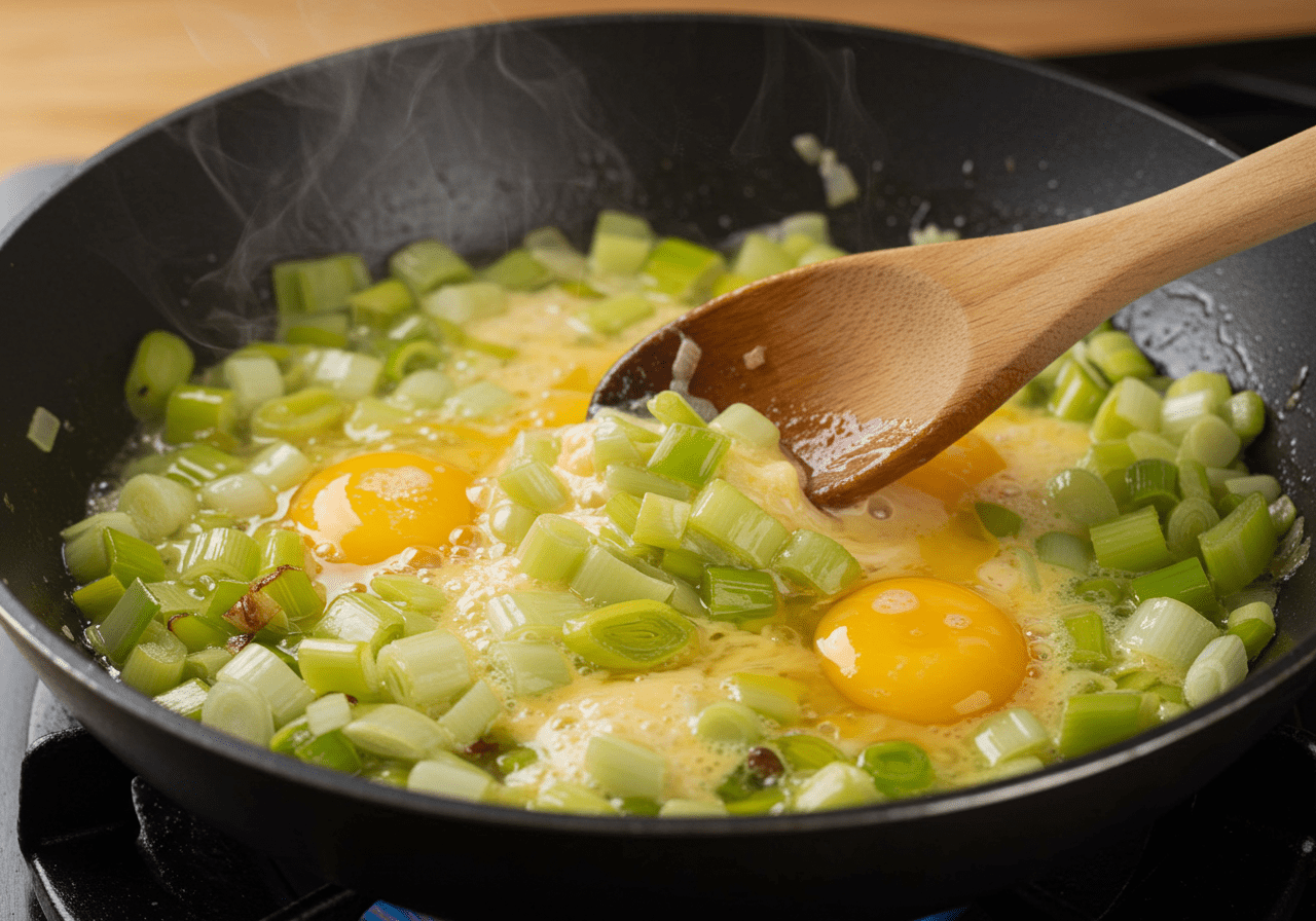 Mixing sautéed leeks and eggs in a skillet for preparing Alho Francês à Brás.