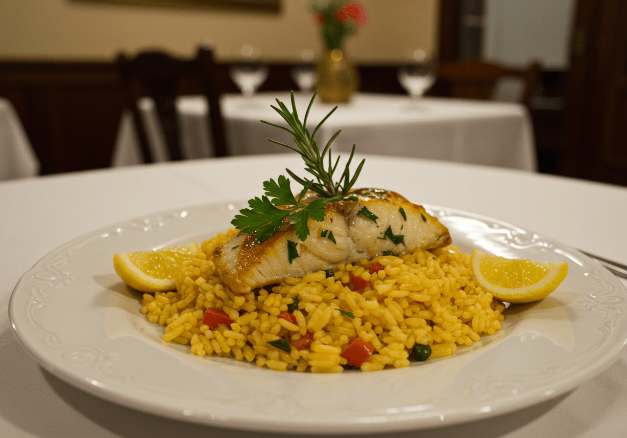 Gourmet presentation of Arroz de Língua de Peixe with herbs and lemon, perfect for seafood lovers.