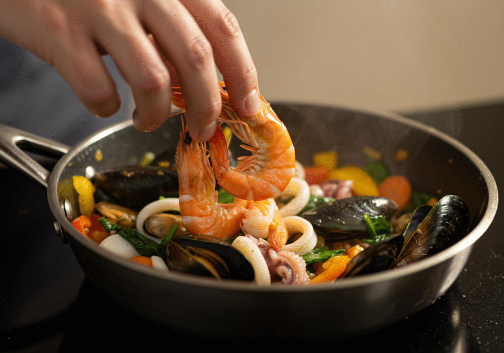 Adicionando frutos do mar frescos ao arroz de marisco, como camarões e mexilhões na receita gourmet.