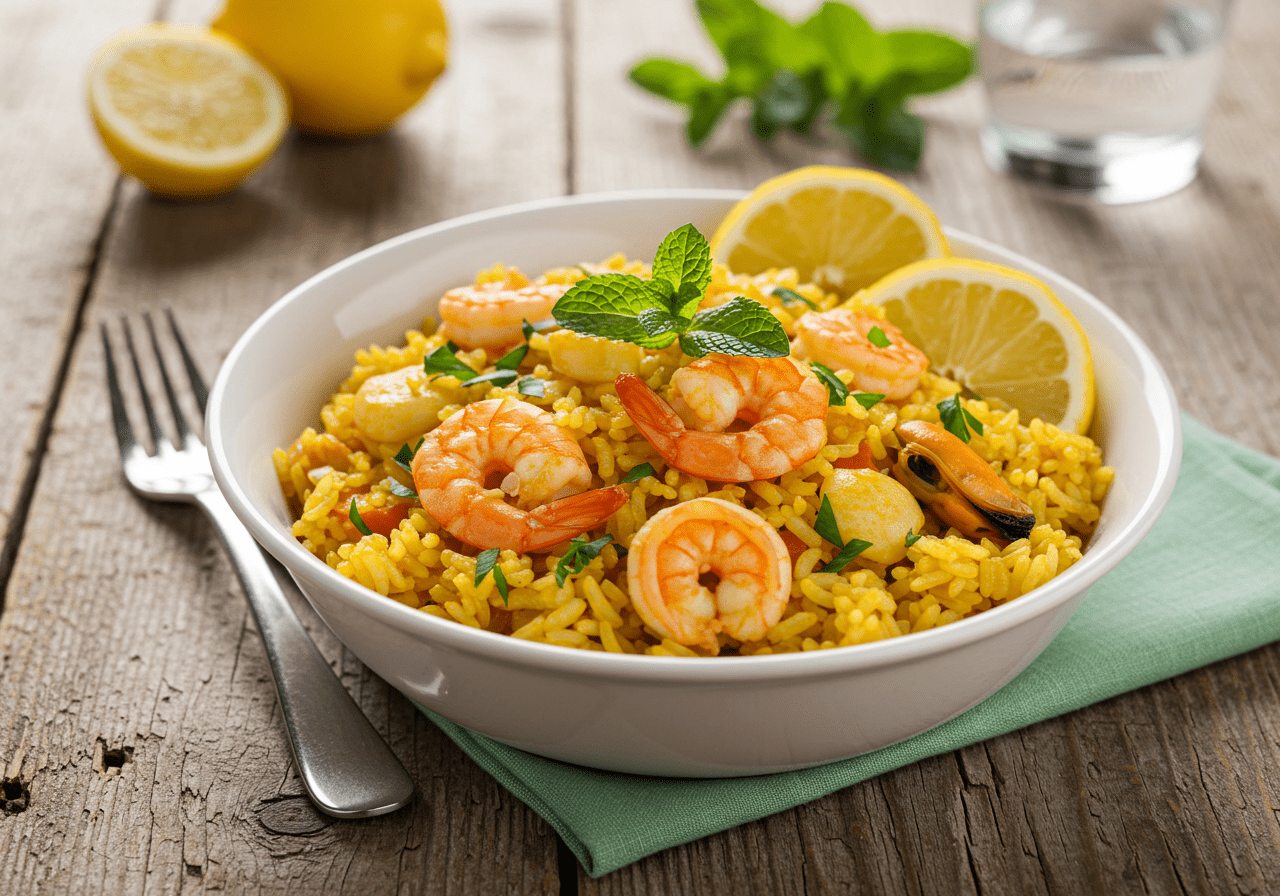 Prato final de arroz de tamboril com gambas, ótimo para refeições familiares.
