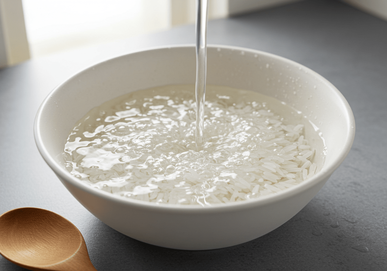 Rinsing rice in preparation for Arroz no Forno Recheado.