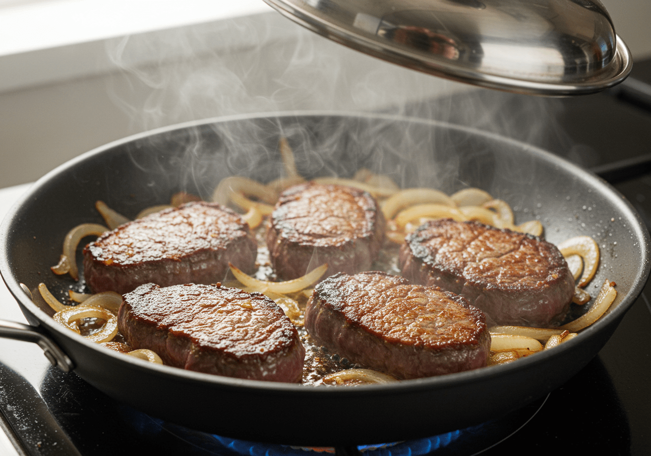 Beef steaks simmering with onions for flavorful bifes de cebolada.