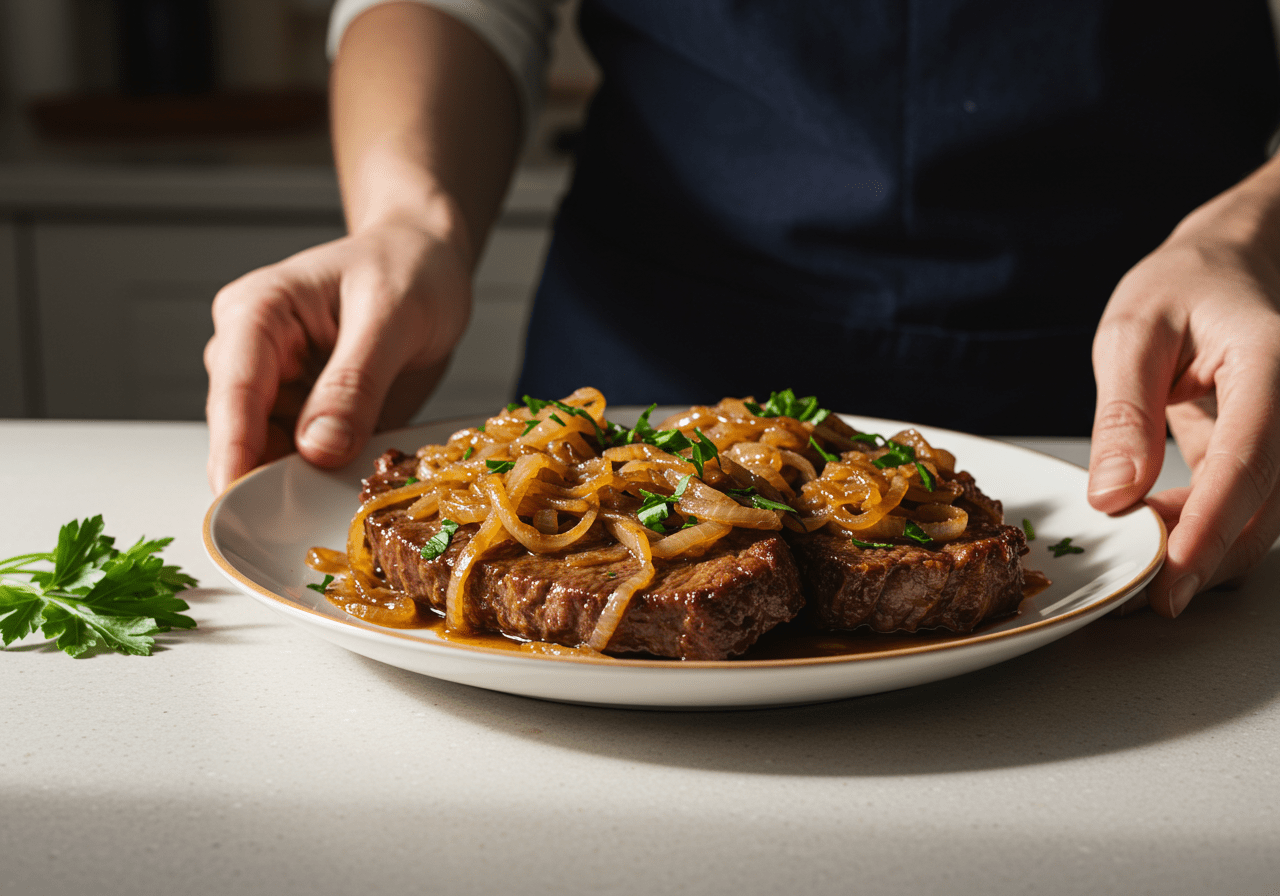 Bifes de cebolada plated with garnish, ready to be served.