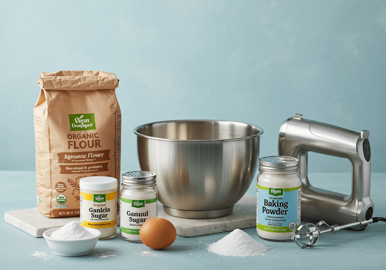 Preparando ingredientes para bolos veganos simples, incluindo farinha e açúcar.