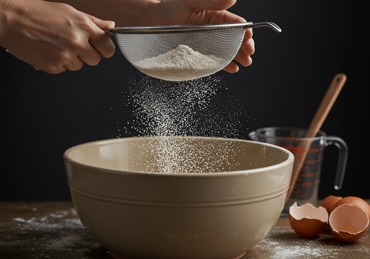 Secando ingredientes sendo peneirados para a receita de bolos veganos simples.