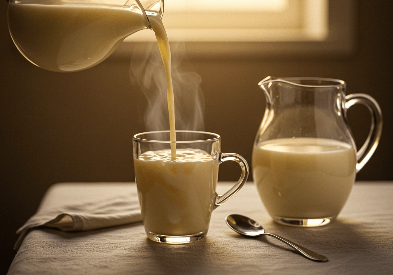 Pouring warm milk into a cup for café pingado preparation.