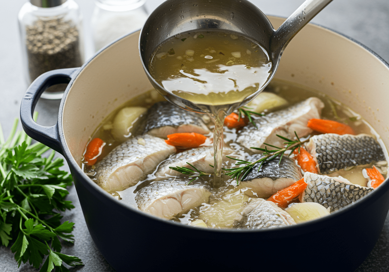 Caldo de peixe sendo adicionado à panela para receita caldeirada de peixe.