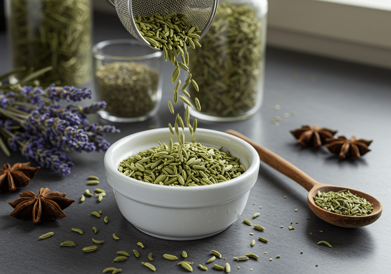 Fennel seeds measured for preparing chá de funcho natural.