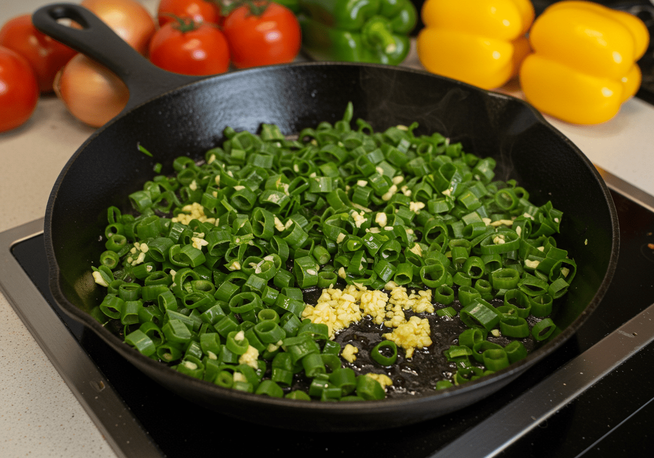 Sautéing chopped couve penca with garlic for a delicious couve penca refogada.