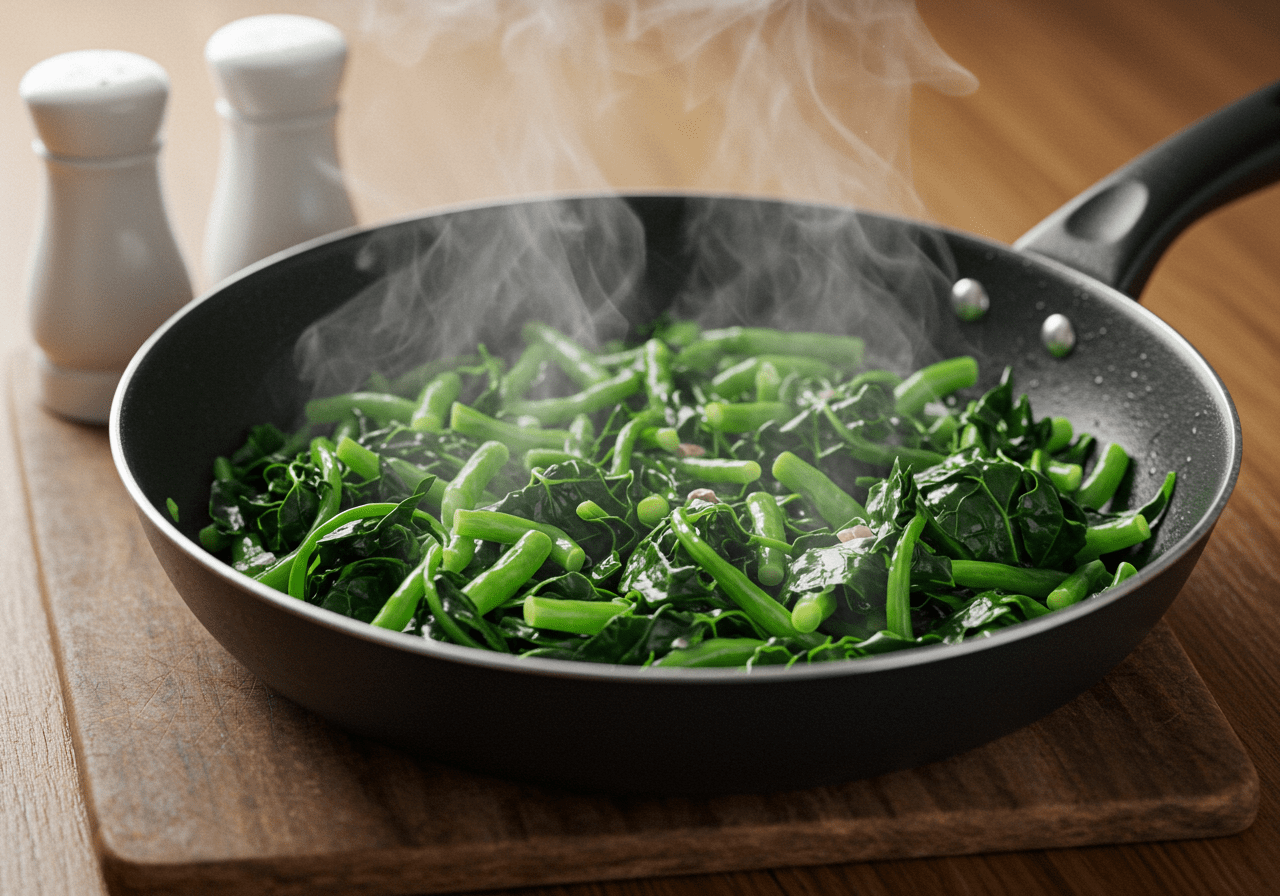 Sautéed couve penca in a pan, seasoned with salt and pepper for couve penca refogada.