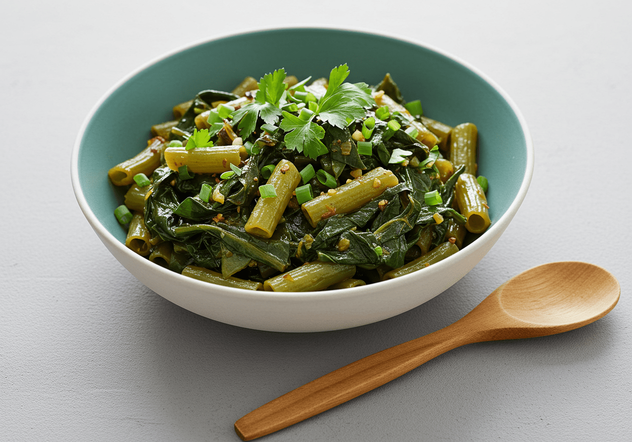 Plated couve penca refogada in a serving bowl, ready to be enjoyed.