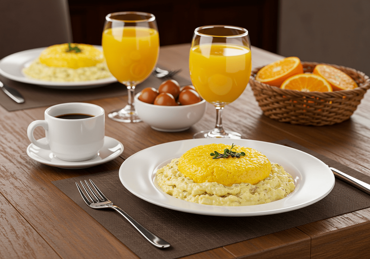 Delicious farinheira com ovos mexidos served on a dining table, perfect for breakfast or brunch.