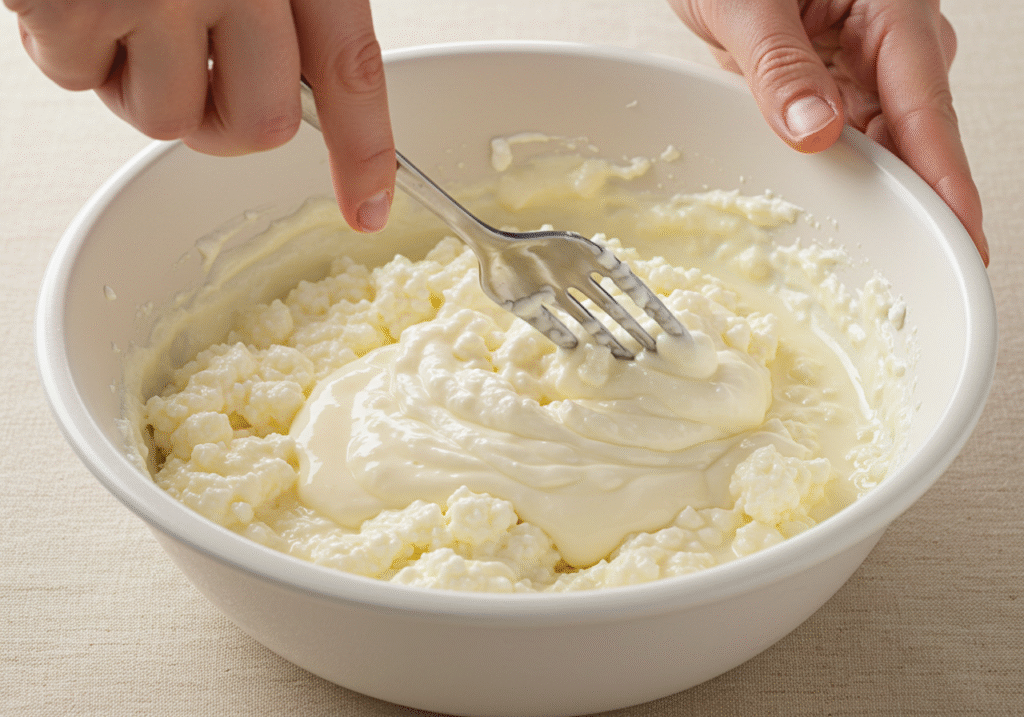 Mixing creme de leite with queijo cottage from Lidl for a light dish.