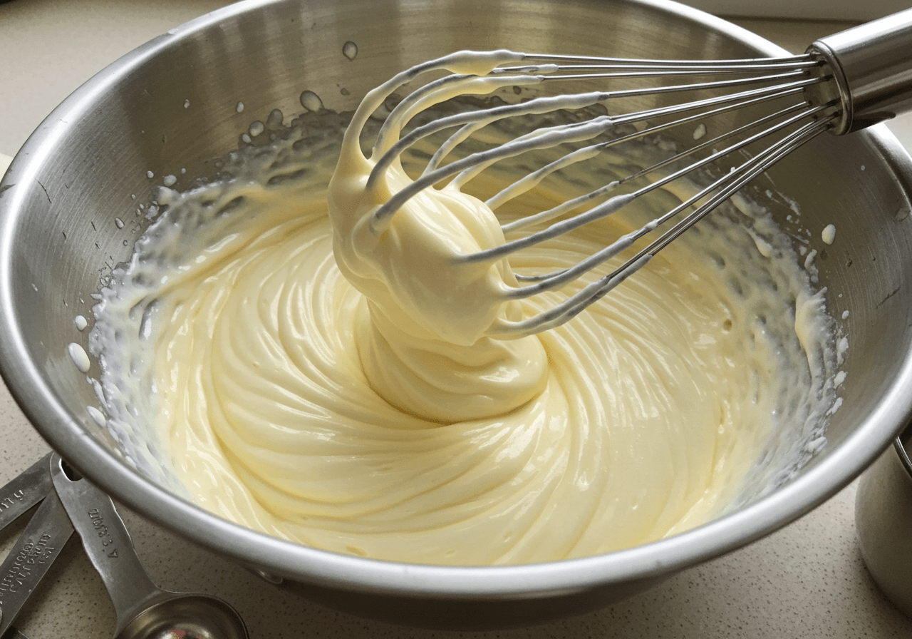 Mistura de creme e ovos para a receita de pastel de nata crocante.