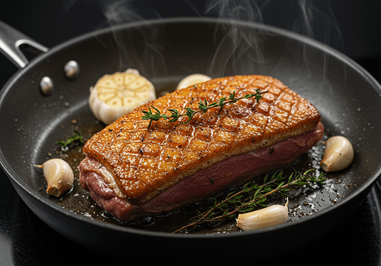 Pato dourando na frigideira para receita de pato com laranja gourmet.