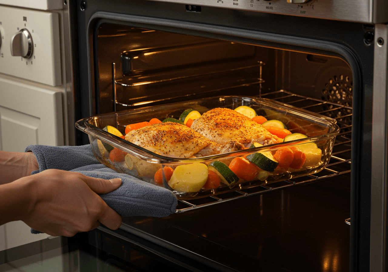 Prato de peito de frango no forno sendo colocado no forno para assar.