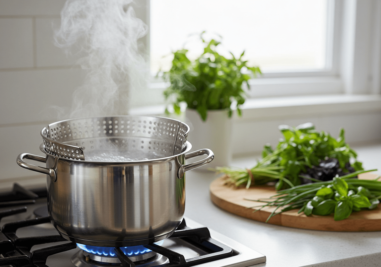 Panela de vapor com água fervente para cozinhar peixe ao vapor simples.